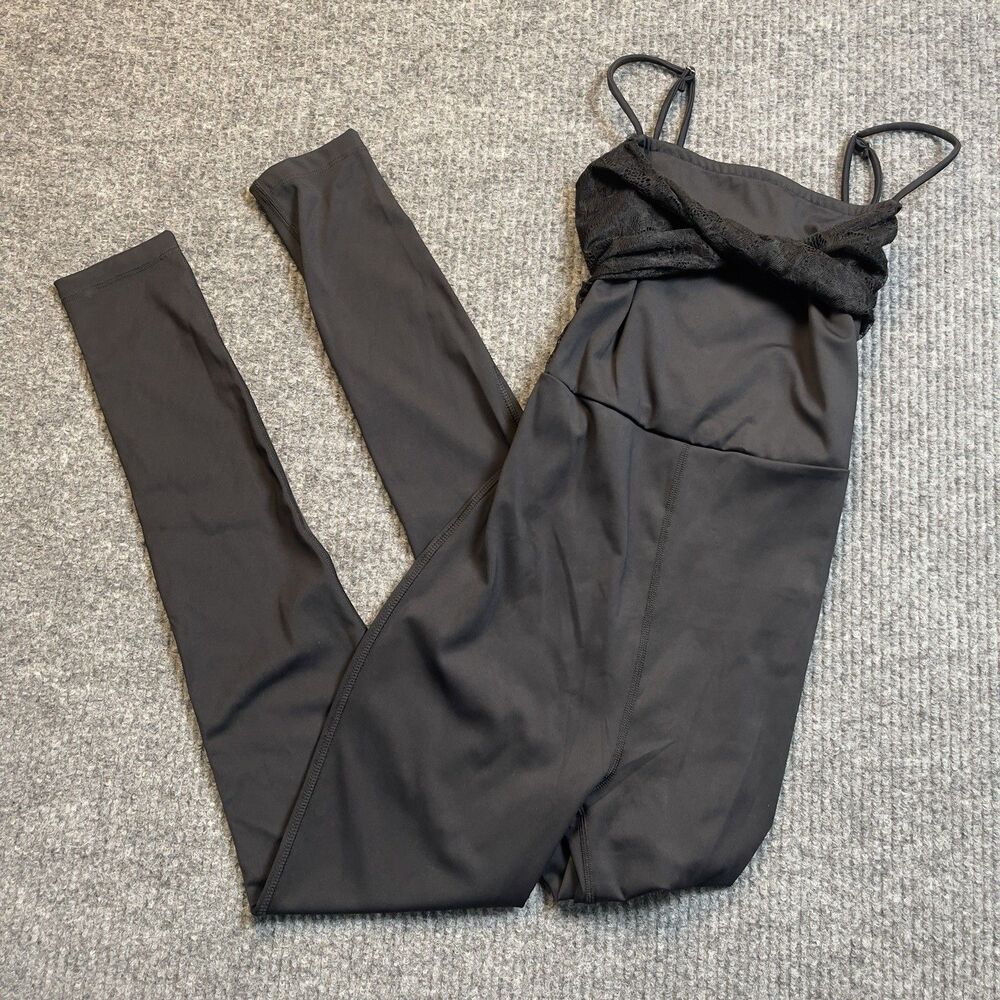 Free People FP MOVEMENT Size XS Lace Me Up One Piece Jumpsuit Black Stretch NEW